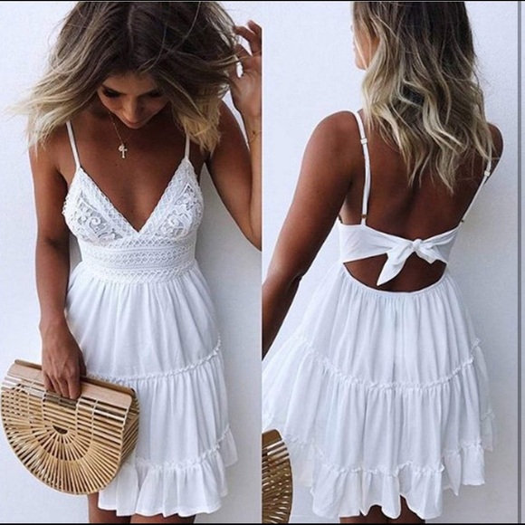 ECOWISH V-Neck Spaghetti Strap Bowknot Backless Sleeveless Lace Mini Dress - Picture 8 of 10